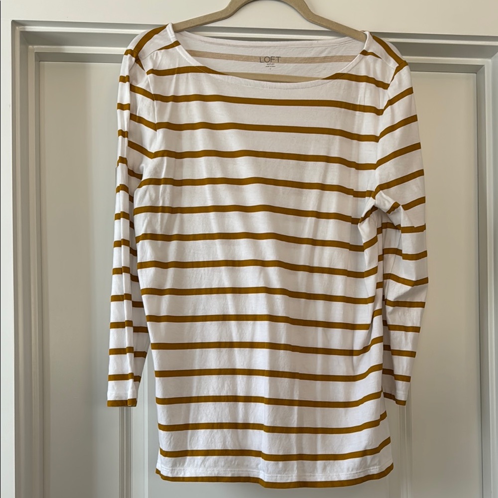 LOFT Women's Striped Top - White and Mustard